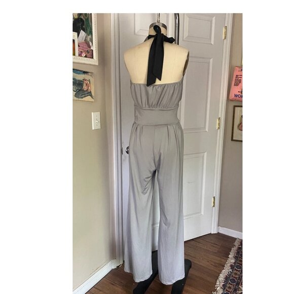 ALLEGRA K Gray Black SASH Halter Mock-wrap Cocktail JUMPSUIT Romper *SMALL* - Picture 5 of 7
